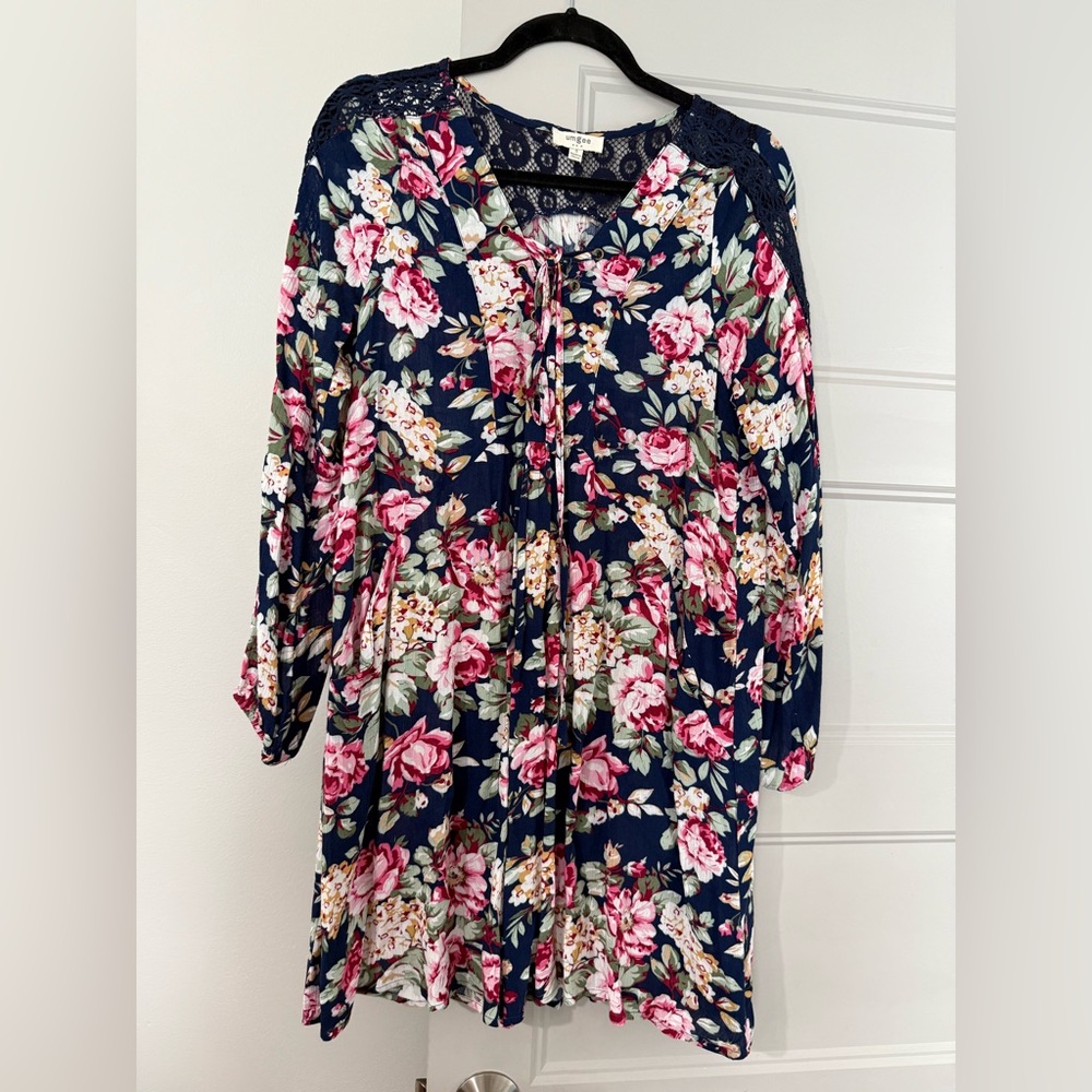 Umgee Navy Floral Dress with Pink and White Accents